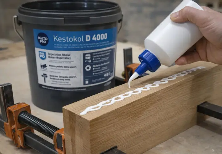 Nakładanie kleju do drewna wodoodpornego Kestokol D 4000 na drewniany element.