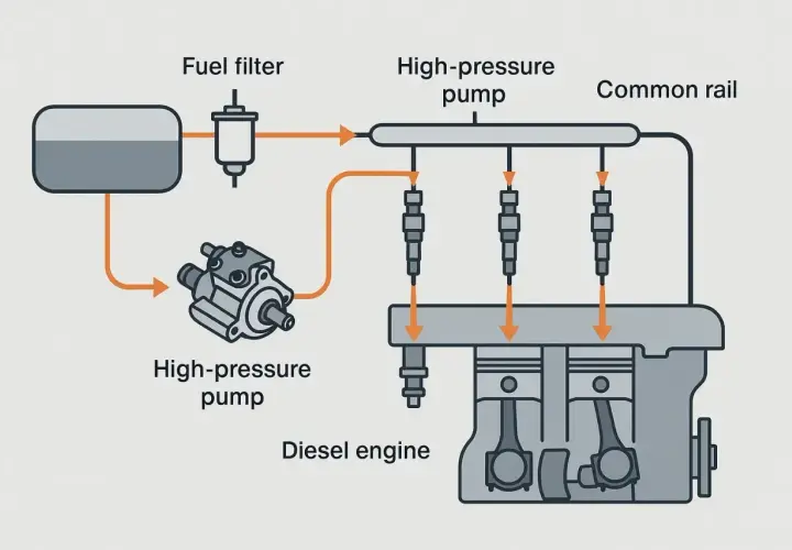 Schemat pokazuje, jak działa silnik diesla: paliwo z baku przez filtr trafia do pompy wysokiego ciśnienia, a następnie do listwy Common Rail, skąd wtryskiwacze podają je do cylindrów.