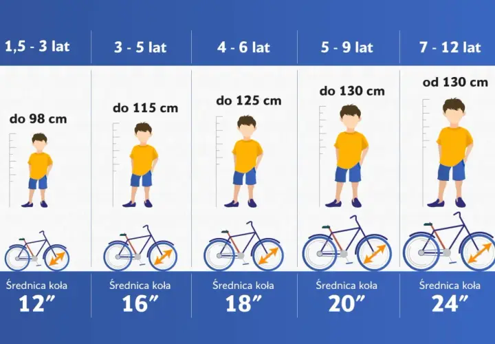 Tabela rozmiarów rowerów: rama 20 cali na jaki wzrost? Odpowiedni dla dzieci od 5 do 9 lat, do 130 cm wzrostu.