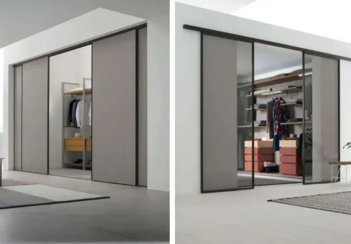 Porte scorrevoli per cabine armadio in cartongesso, con un'anta in vetro che rivela un interno ordinato e moderno.
