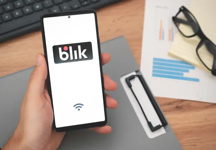 Dłoń trzyma smartfon z logo Blik. To szybki sposób na przelew blik na telefon jak odebrać pieniądze.