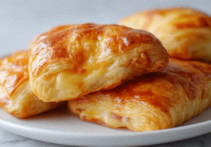 Croissants dorés et feuilletés, garnis d'un savoureux mélange de jambon et fromage fondant, sur une assiette blanche.
