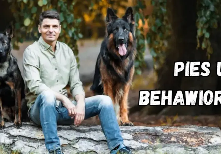Mężczyzna z dwoma owczarkami niemieckimi siedzi na pniu. Czy to behawiorysta? Pomaga psom zrozumieć świat.