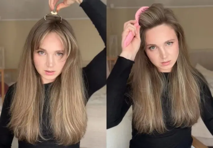 Kobieta z długimi blond włosami używa klipsa i szczotki do nadania objętości.