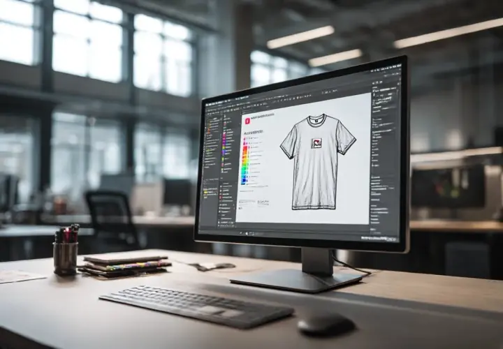 Un designer travaille sur un t-shirt. Il choisit des couleurs et un logo, se demandant "que veut dire bat" pour le design.