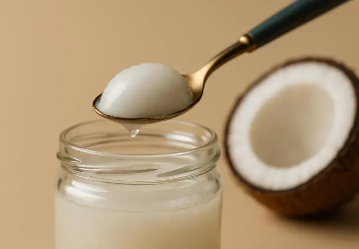 Olio di cocco a cosa serve? Un cucchiaio raccoglie il prezioso olio da un barattolo, accanto a un cocco tagliato a metà.