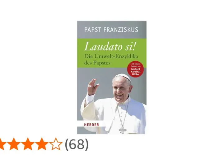 Papst Franziskus' Umwelt-Enzyklika "Laudato si!" als Buch, mit einem lächelnden Papst und Sternenbewertung.