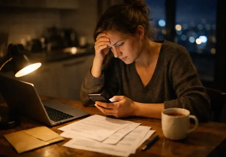 Zmartwiona kobieta sprawdza telefon przy biurku. Na stole laptop, dokumenty i kubek herbaty. Może chodzi o darowiznę od rodziców limit?