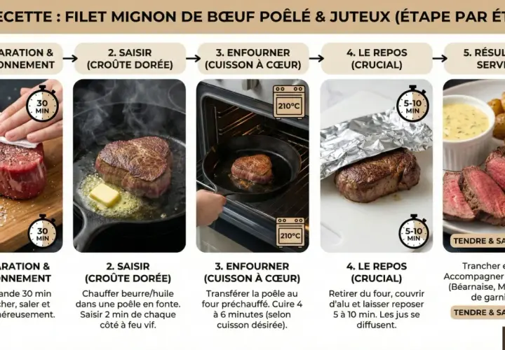 Préparation d'un filet mignon de bœuf poêlé, étape par étape : assaisonnement, saisie, cuisson au four, repos, puis service avec sauce et garnitures.