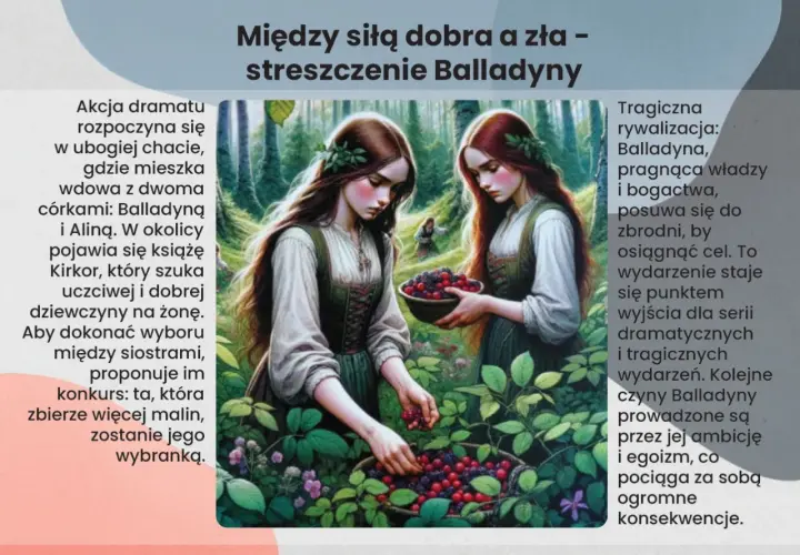 Dwie siostry zbierają maliny. Balladyna, pragnąc władzy, posunie się do zbrodni. Krótkie streszczenie Balladyny.