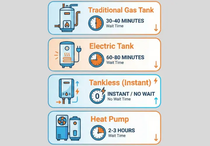 Porównanie bojlerów: gazowy (30-40 min), elektryczny (60-80 min), przepływowy (bez czekania), pompa ciepła (2-3 godz.). Dowiedz się, jak długo bojler trzyma ciepłą wodę.