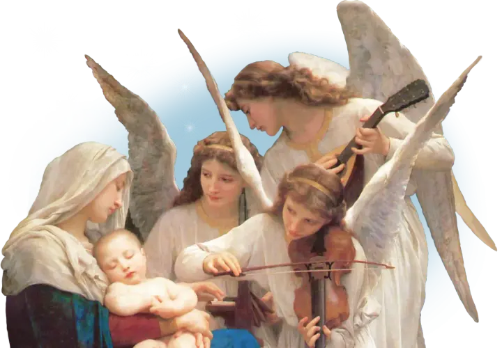 Anioł Gabriel i inni aniołowie grają muzykę dla śpiącego Dzieciątka Jezus i Maryi.