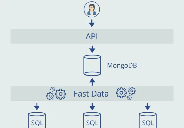 Schema che illustra l'interazione tra API, MongoDB (database non relazionale) e database SQL (relazionale) per la gestione dei dati.