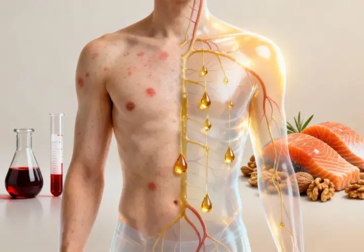 Hautprobleme und Nervenbahnen mit Öltröpfchen, daneben Fisch und Nüsse. Mögliche Omega 3 mangel symptome.