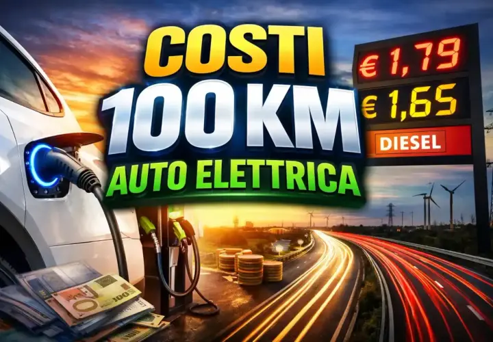 Confronto costi 100 km: auto elettrica vs diesel. Immagine con auto in carica, banconote, colonnine e prezzi carburante.