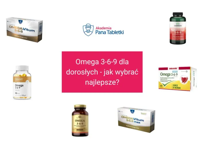 Różne suplementy diety z kwasami omega 3-6-9, w tym OMEGA-Vitum, OstroVit, Swanson i Walmark, prezentowane na tle hasła "Omega 3-6-9 dla dorosłych - jak wybrać najlepsze?".