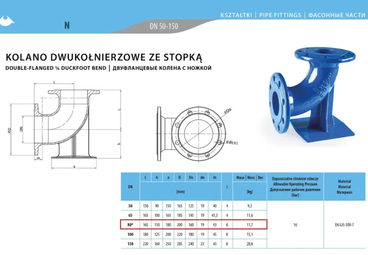 Kolano stopowe dn80, dwukołnierzowe, z podstawą, do instalacji rurowych. Wymiary i parametry techniczne.