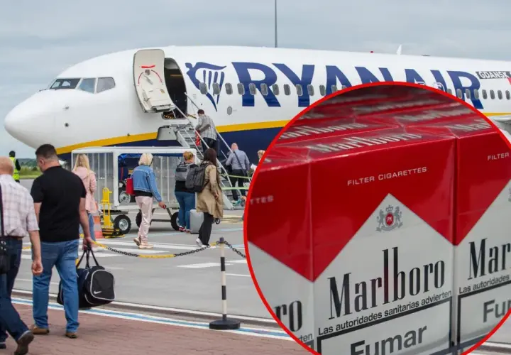 Pasażerowie wsiadają do samolotu Ryanair, a w tle widać paczki papierosów Marlboro. Zastanawiasz się, ile paczek papierosów można przewieźć samolotem?