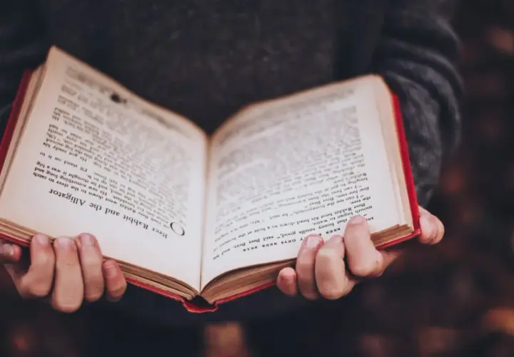 Mani che tengono un libro aperto con testo in inglese, forse uno dei tanti libri premiati che raccontano storie avvincenti.