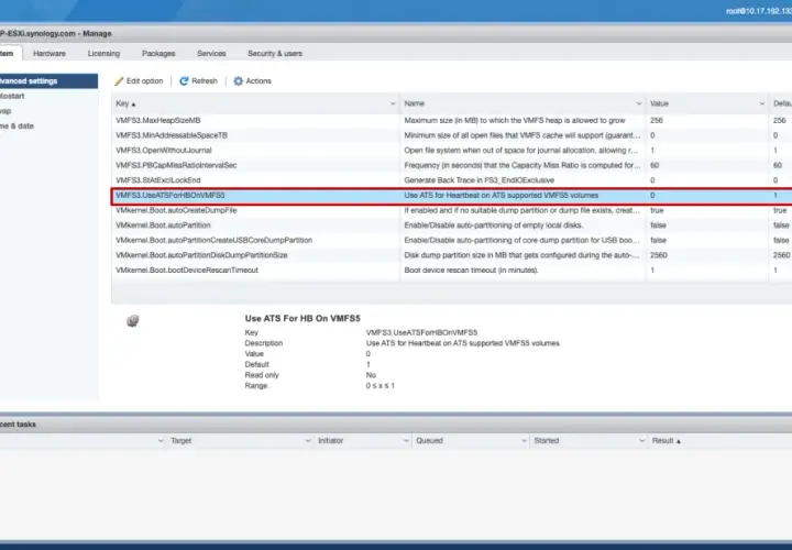 Configuración de VMFS3.UseATSForHBOnVMFS5 para latidos en volúmenes VMFS5 con iSCSI LUN.