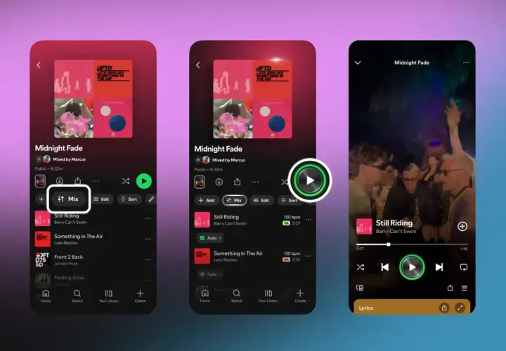 Trzy ekrany Spotify pokazują playlistę "Midnight Fade". Można dodać utwory, miksować, edytować i sortować. Idealne polskie piosenki na nocne słuchanie.