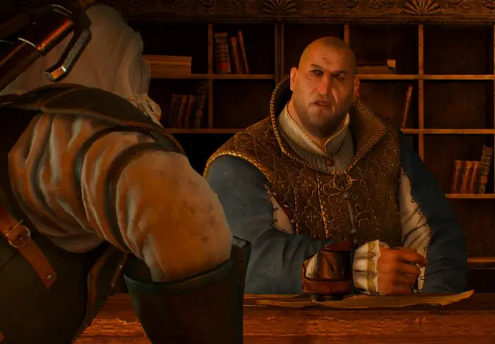 Geralt rozmawia z kupcem o skarb sigiego reuvena.