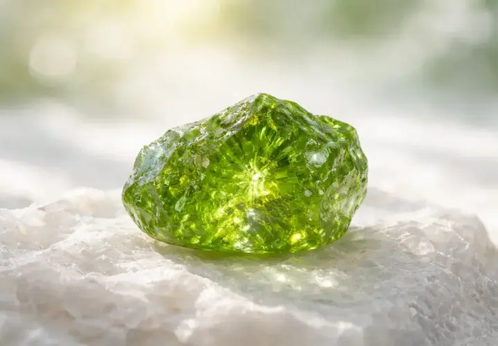 Peridoto brillante sobre roca blanca, su peridoto significado espiritual evoca luz y renovación.