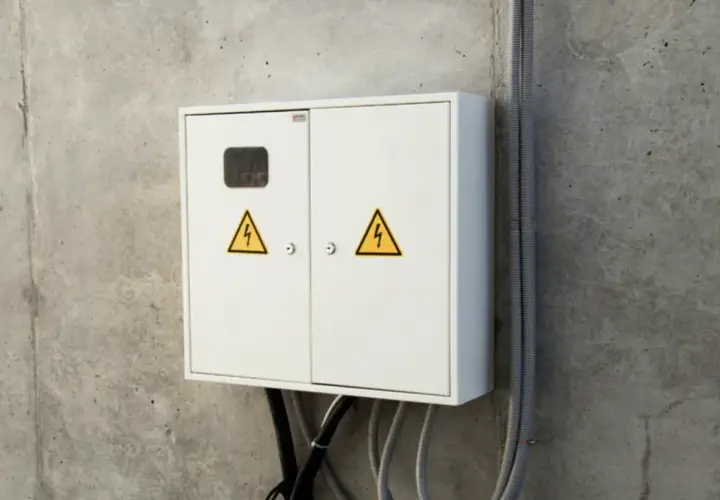 Biała skrzynka elektryczna z żółtymi symbolami ostrzegawczymi. Kto odpowiada za rury przed licznikiem? Instalacja elektryczna.