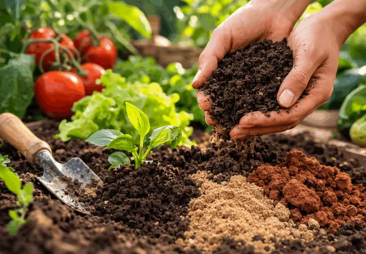 Mani che aggiungono terriccio a un orto. Ideale per capire cosa piantare su terreno argilloso.