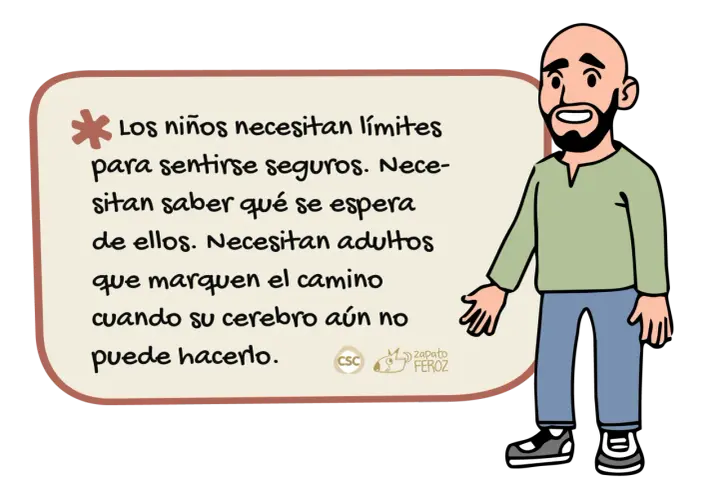 Un hombre calvo con barba sonríe mientras un texto explica que los niños necesitan límites para sentirse seguros y que los adultos marquen el camino.