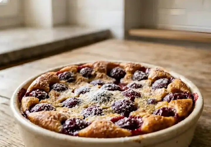 Un délicieux clafoutis aux cerises, saupoudré de sucre glace, sort du four. La croûte dorée et les fruits rouges invitent à la dégustation.