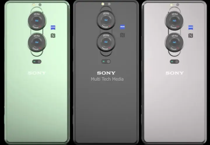 Trzy telefony Sony Xperia Pro-I Mark II w kolorach zielonym, czarnym i srebrnym, z charakterystycznym modułem aparatów.