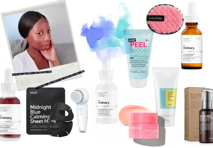 Une sélection de produits pour une routine skincare visage : sérums, masques, nettoyant, exfoliant et huile.