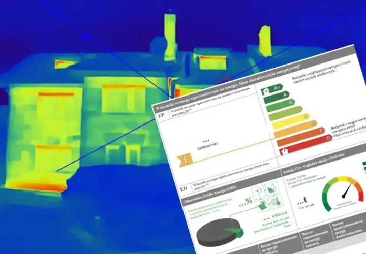 Termowizja domu i dokument z klasyfikacją energetyczną budynku.