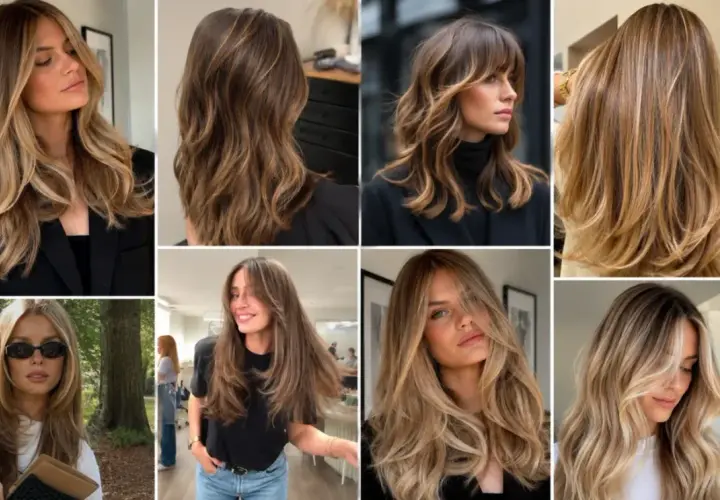 Kobiety z fryzurami w stylu baleyage blond, z subtelnymi refleksami i warstwowym cięciem.