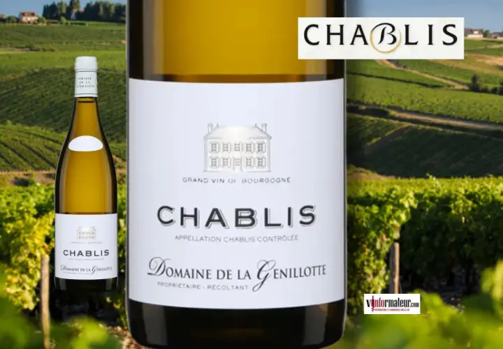 Bouteille de chablis vin blanc sec ou moelleux, devant un vignoble verdoyant.