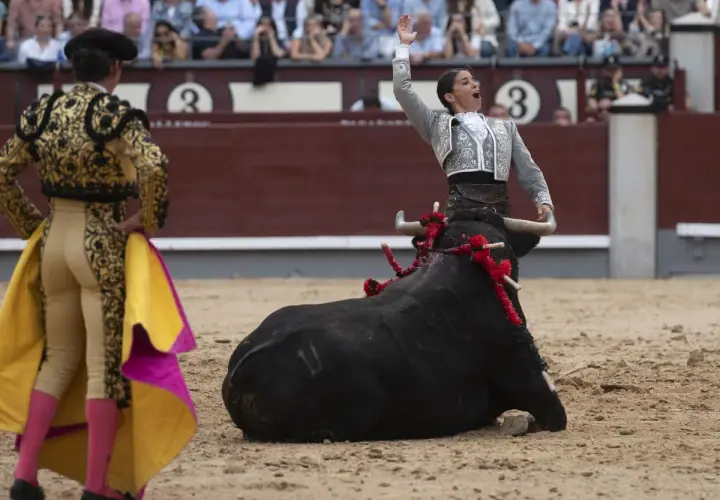 Una torera, entre los **recortadores de toros**, se enfrenta a un toro negro en la arena.