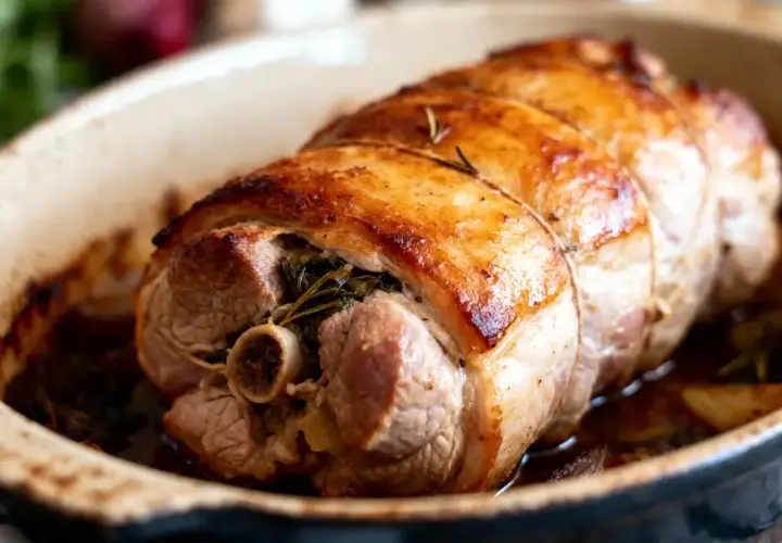 Paupiette de porc dorée et savoureuse, farcie d'herbes, prête à être dégustée dans son plat de cuisson.