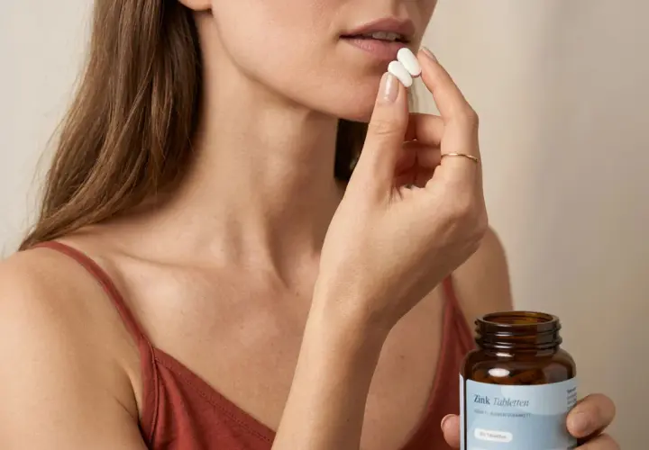 Frau nimmt Zinktabletten ein, um die Zinkaufnahme zu verbessern.