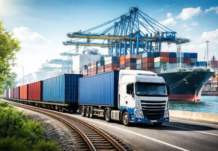 Ein LKW mit Containern fährt neben einer Bahnstrecke, die zu einem Hafen mit Kränen und einem Containerschiff führt. Dies ist ein Beispiel für intermodalen Transport.