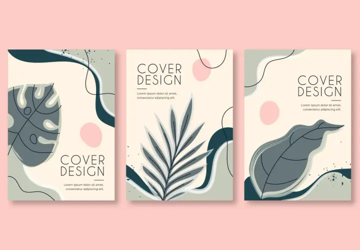 Trois designs de page de couverture abstraits avec des feuilles stylisées et des formes organiques dans des tons pastel et terreux.