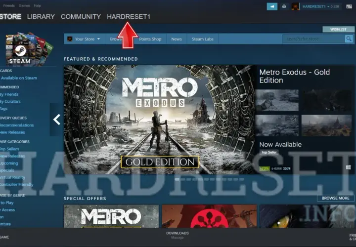 Jak sprawdzić kod URL Steam? Na zrzucie ekranu widać okno aplikacji Steam z podświetloną nazwą użytkownika "HARDRESET1" na górnym pasku.