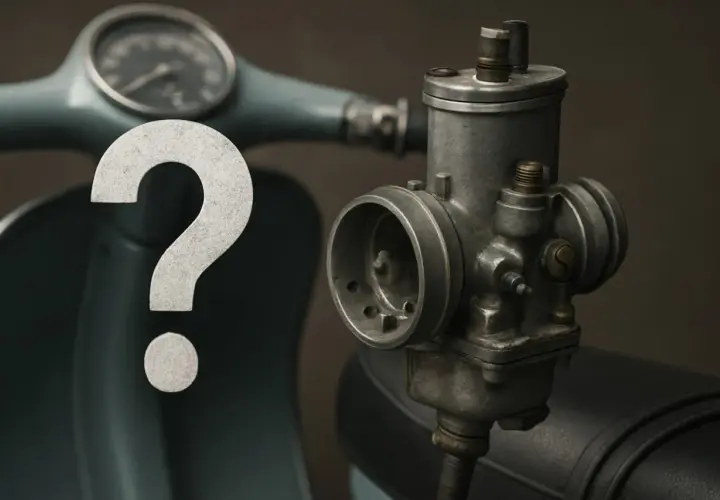 Il carburatore spruzza benzina dal filtro. Un punto interrogativo gigante campeggia su una Vespa d'epoca.