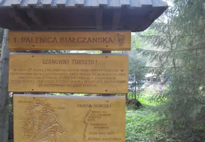 Drewniana tablica informacyjna przy trasie do Wodogrzmotów Mickiewicza. Opisuje szlak i atrakcje Tatrzańskiego Parku Narodowego.