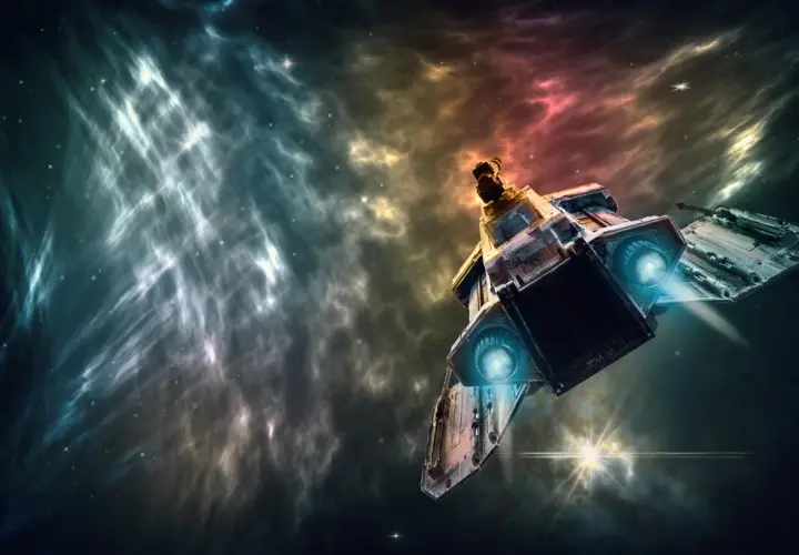 Statek kosmiczny w mgławicy. Obrazek dla początkujących fanów, wyjaśniający różnicę między hard sci-fi a space operą.