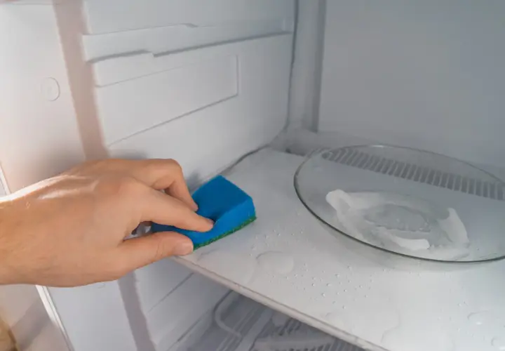 Mano limpiando el interior de una nevera con una esponja azul. El estante está mojado y hay un plato con hielo.