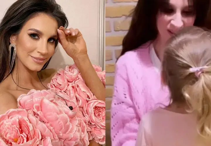 Sylwia Grzeszczak w sukni z różowych kwiatów i jej córka Bogna.