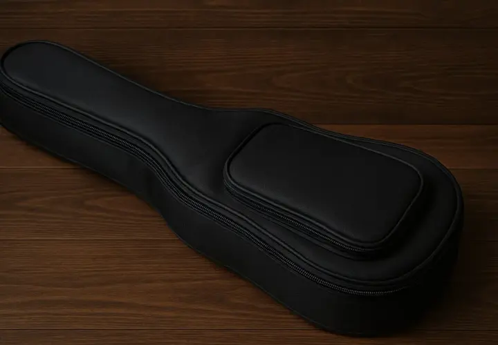 Elegancki, czarny pokrowiec na ukulele koncertowe, gotowy do podróży.