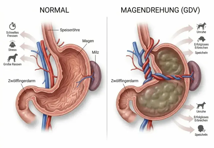 Vergleich: gesunder Hundemagen vs. Magendrehung Hund Aussehen. Verdrehter Magen, Milz, Darm. Symptome: Unruhe, Erbrechen, Speicheln.