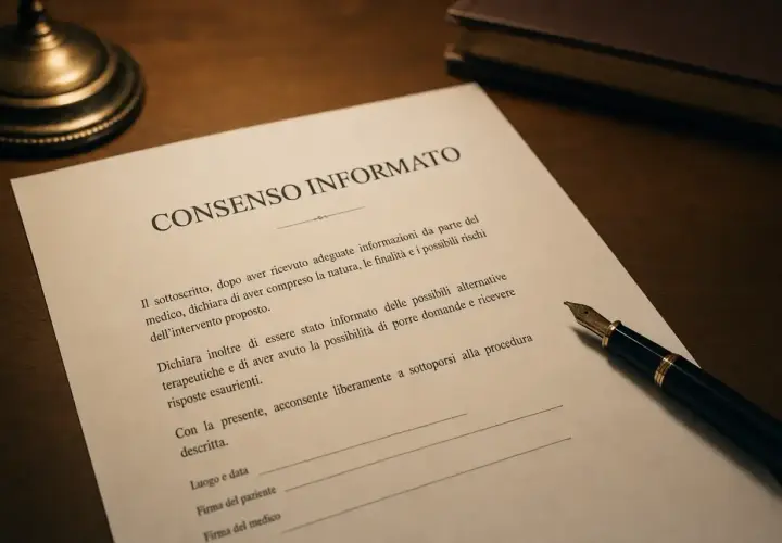 Documento di consenso informato, con penna stilografica e libro. La legge tutela il diritto di scegliere liberamente.